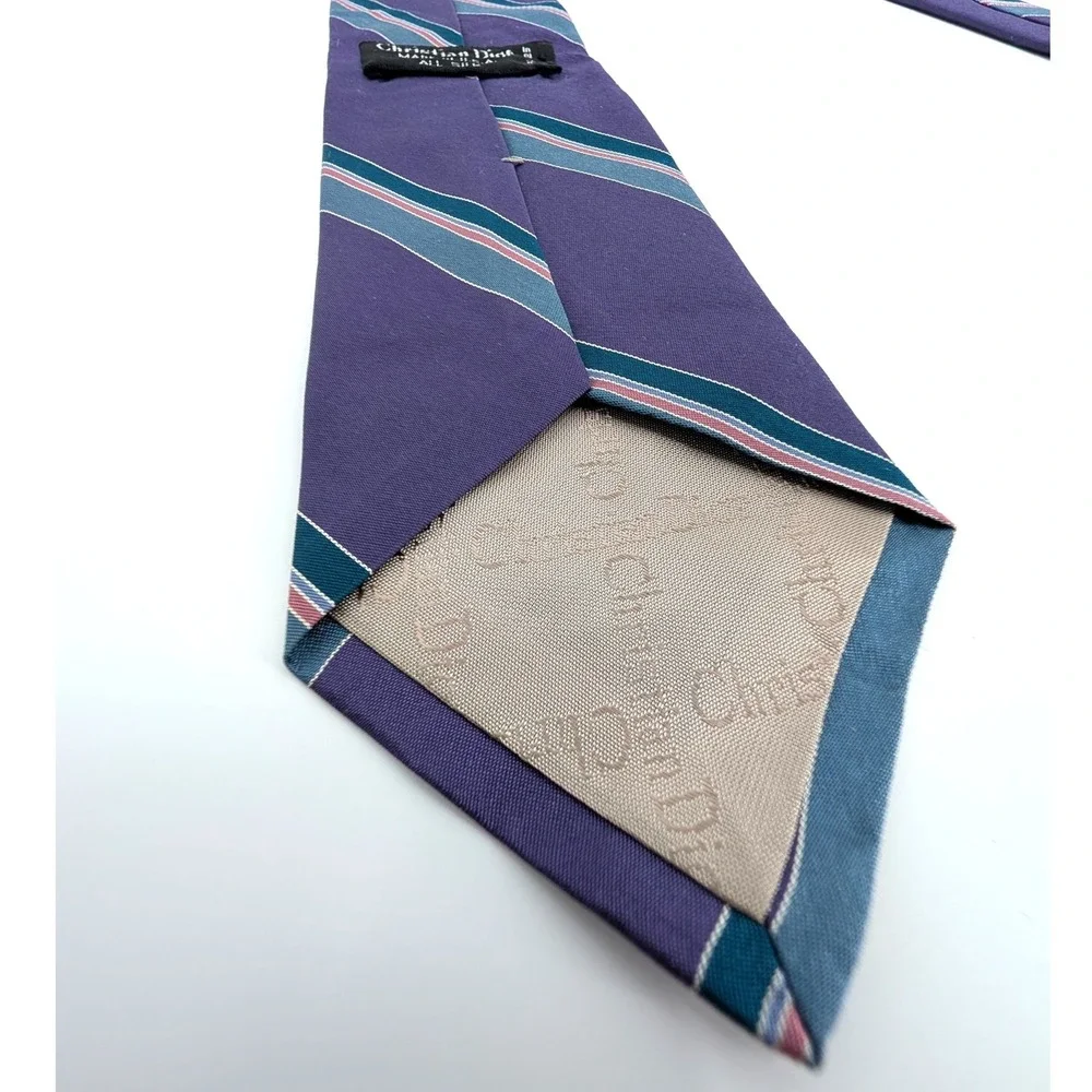 Christian Dior Silk Necktie Purple Teal‎ Pink Striped Vintage Made in USA